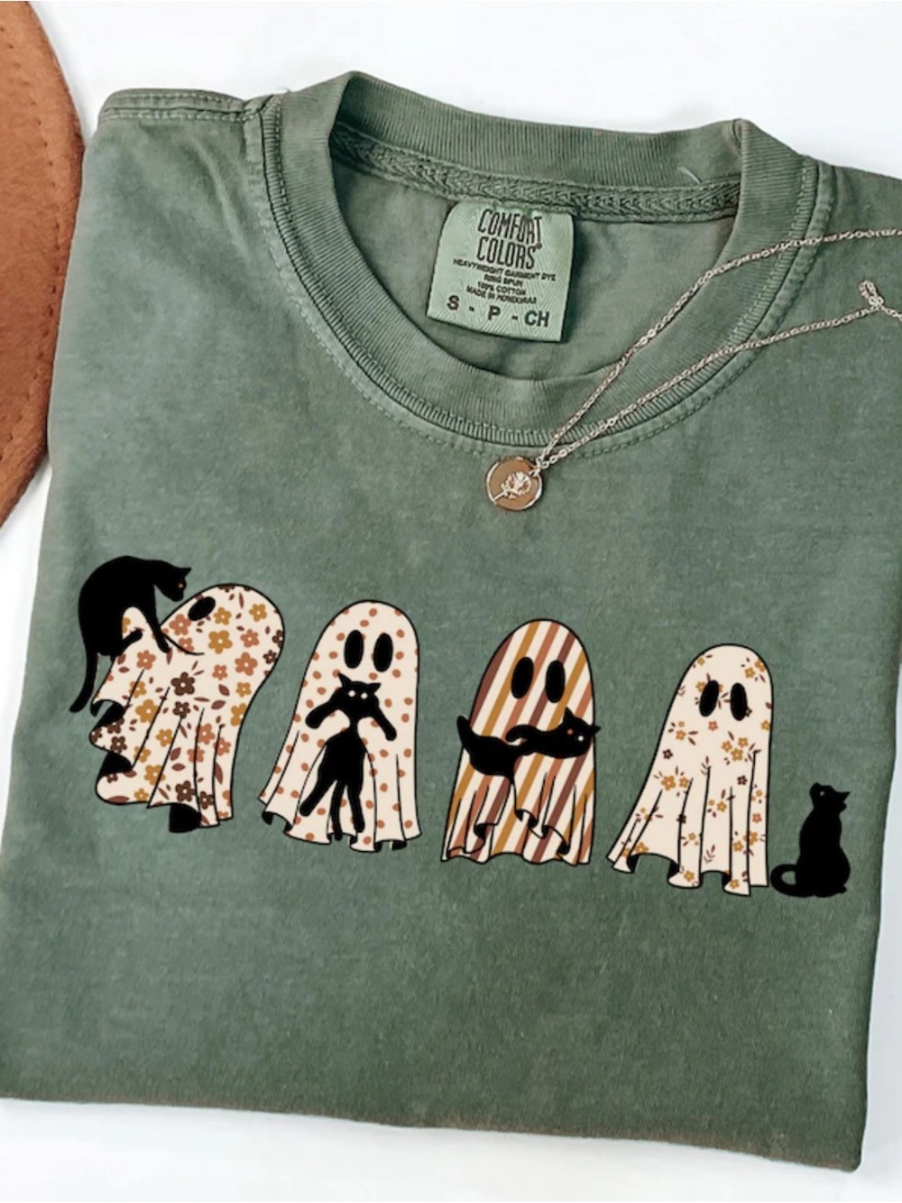 Comfort Colors Moss Green Short Sleeve Tee with Retro Ghost & Cat Print